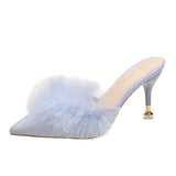 Ciing Blue High Heels Party Sandals Women Summer Pointed Toe Fur Slippers Woman Elegant Slip On Thin Heeled Shoes Outdoor Slides
