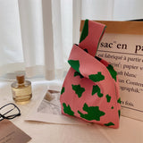 Ciing Handmade Knit Handbag Women Mini Knot Wrist Bag Japanese Casual Color Wide Stripe Plaid Tote Bag Student Reusable Shopping Bags