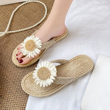 Ciing Sunflower Summer Shoes Woman Slippers Flat Sandals Rome Woven Hemp Vacation Beach Shoes Non-slip Thong Flip Flops Slides