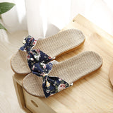 Ciing Women Summer Casual Slides Comfortable Flax Slippers Striped Bow Linen Flip Flops Platform Sandals Ladies Indoor Shoes