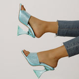 Ciing Transparent High Heel Sandals New Square Toe Chunky Heel Rhinestone Sexy High Heels Ankle-Strap Open Toe Sandals