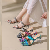 Ciing Transparent Heels Shoes Women Slippers Rhinestone Square Toe Ladies Sandals Sexy Summer Slides Fashion Weave Female Footwear