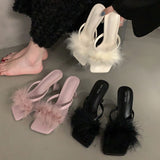 Ciing Women Fashion High Heels Fur Slippers Summer Sandals Shoes Casual Gladiator Fashion Black Slippers Sandals Mules Slides