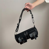Ciing Vintage Black Women Cylinder Underarm Bags Double Pocket Design Ladies Shoulder Bag Fashion Female PU Leather Purse Handbags