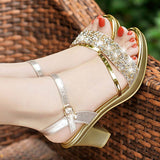Ciing Open Toe Women Chunky Heels Shoes Women's Sandals Gold Silver Female Fashion Buckle Rhinestone Fish Mouth Womens Sandals