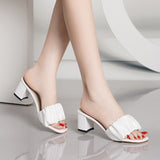Ciing Fashion Pleats High Heels Sandals Womens Summer Square Toe Thick Heeled Outdoor Slippers Woman Plus Size 42 Sandalias Shoes