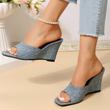 Ciing Blue Denim Wedges Slippers Women Summer Platform High Heels Sandals Woman Plus Size 43 Anti Slip Square Toe Beach Shoes