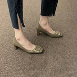 Ciing New Spring Leather Pumps Women Fashion Metal Decoration Square Toe Work Shoes Female Slip On Thick Heel Women's Single Shoes