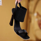 Ciing Designer Knitted High Heels Sandals Women Summer Square Toe Thick Heeled Sandals Woman Sexy Slingbacks Black Party Shoes