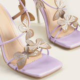 Ciing Butterfly Purple High Heeled Sandals Women Summer Casual Square Toe Sandals Woman Thin Heels Ankle Straps Party Shoes