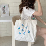 Ciing Canvas Shoulder Bag For Women Tulip Printing Ladies Casual Handbag Tote Bag Large Capacity Cotton Reusable Shopping Beach Bag