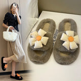 Ciing Flower Plush Slippers Women Wear Autumn and Winter New Home Plus Size One Word Slippers Cute Cotton Shoes Zapatillas Planas