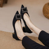 Ciing 5Cm Autumn New Women Pumps Retro Rhinestone Decorations Shallow Mouth Pointed Toe Square Heel Elegant Slip On Mule Shoes