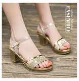 Ciing Open Toe Women Chunky Heels Shoes Women's Sandals Gold Silver Female Fashion Buckle Rhinestone Fish Mouth Womens Sandals