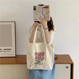 Ciing Women Canvas Shoulder Bag Rose Printing Ladies Casual Handbag Tote Bag Large Capacity Cotton Reusable Shopping Beach Bag