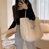 Ciing Large Capacity Cotton Reusable Shopping Bag Women Canvas Shoulder Bag DELIGH Print Solid Color Causal Handbag Tote Bag Beach Bag