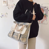 Ciing Women Canvas Bag Women's Messenger Bag Students' Class Bag Large Capacity Backpack Multifunctional Bag Nylon Lattice Bag Handbag