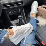Ciing Women Leather Platform Shoes Fashion Solid Color Chunky Heel Sneakers Casual Flat Sports Shoes Designer Shoes Zapatillas Mujer