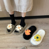 Ciing Flower Plush Slippers Women Wear Autumn and Winter New Home Plus Size One Word Slippers Cute Cotton Shoes Zapatillas Planas