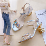 Ciing Woman Fashion New Summer Crystal Slippers Women Slip on Clear Middle Heels Sandals Female Sexy Outdoor Wear Beach Slides Shoes