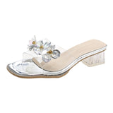 Ciing Transparent Pvc Sandals Women Summer Fashion String Bead Flower Square Heeled Slippers Woman Clear Medium Heel Slides Shoes