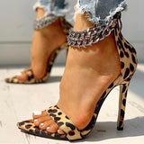 Ciing New Women's Sandals New Summer Fashion Office High Heels Metal Decorative Chain Open Toe Stiletto Sandals Leopard Print