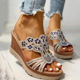 Ciing Women Platform Sandals Woman Rhinestone Cut-out Wedge Sandals Female Open Toe Non-slip Slides Shoes Lightweight Outdoor Slippers