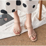 Ciing Women Sandals Ladies Square Heels Elegant Summer Slippers Outside Cross Tied Leather Female Slides Fashion Woman Sandals