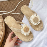 Ciing Sunflower Summer Shoes Woman Slippers Flat Sandals Rome Woven Hemp Vacation Beach Shoes Non-slip Thong Flip Flops Slides