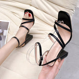 Ciing Fashion Summer Ladies White High Heel Sandals Simple Sandals Square Toe Open Toe Straps Women Sandals Womens Shoes