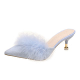 Ciing Blue High Heels Party Sandals Women Summer Pointed Toe Fur Slippers Woman Elegant Slip On Thin Heeled Shoes Outdoor Slides