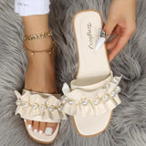 Ciing Women Slides Faux Pearl Decor Ruffle Trim Sandals Open Toe Wear-resistant Flat Slippers Summer Sandy Beach Sandals Women Shoes