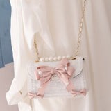 Ciing Lolita Bow Lace Shoulder Bag for Girl Pearl Jk Kawaii New Trend Purse Japan Style Gentle Female Designer Crossbody Bag
