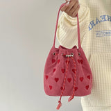 Ciing Pink Heart Embroidered Ladies Bucket Purse Handbags Fashion Love Women Messenger Bag Drawstring Female Girls Small Shoulder Bags