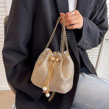 Ciing Women Fashion Diamonds Rhinestone Bucket Bags Retro Pearl Chain Ladies Shoulder Bags Shiny Small Crossbody Bags Female Handbags
