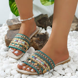 Ciing Bohemian Style Flat Sandals Women Slides Summer Square Toe Outdoor Slippers Woman Plus Size Roman Shoes Flip Flops Mujer
