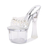 Ciing High Heel Summer Women Shoes Transparent Platform Ladies 17.5CM Open Toe Sandals  Clear Glass Bead Wedding Office Pumps