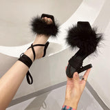 Ciing New Black Women Sandals Sexy Open Toe Furry Fur Summer High-Heeled Sandals Ladies shoes