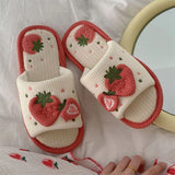 Ciing New Cute Strawberry Cotton Linen Slippers Women Summer Autumn Embroidery House Slides Female Flip Flops Home Floor Slippers