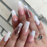 24Pcs Long Coffin False Nail Flame Flower Design Fake Nails with Rhinestone Wearable French Ballet Full Cover Press on Nails