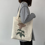 Ciing Women's Style Canvas Shopping Bag Retro Simple Shoulder Illustration Flowers Tote Bag Pattern Printing Large Capacity Handbag