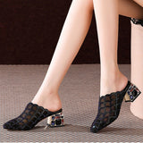 Ciing Half Slippers Women's Thick Heels Summer New Fashion Outer Wear Medium Heel Mesh Gauze Sandals Women's Soft Soled Sandals