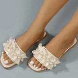 Ciing Women Slides Faux Pearl Decor Ruffle Trim Sandals Open Toe Wear-resistant Flat Slippers Summer Sandy Beach Sandals Women Shoes