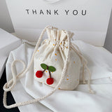 Ciing Summer Woven Women's Bag Seaside Holiday Beach Portable Canvas Drawstring Bucket Cute Cherry for Student Girl