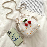 Ciing Summer Woven Women's Bag Seaside Holiday Beach Portable Canvas Drawstring Bucket Cute Cherry for Student Girl