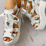Ciing Summer Printing Casual Wedge Women's Shoes Women's Sandals Thick Sole Laces High Heels Casual Women's Shoes Zapatos Mujer