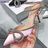 Ciing Fashion Women's High Heel Sandals Rhinestone Woman Pump Crystal Bowknot Ankle Strap Ladies Prom Shoes Women Female Footwear