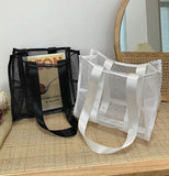 Ciing 1 Pc Women  Mesh Tote Bag   Reusable Transparent Fashion One Shoulder Beach Bag Mesh Hollow Shopping Bag Organizer