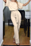 Ciing -Casual Elegant Solid Patchwork Strap Design O Neck Straight Jumpsuits