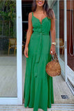 Ciing - Florcoo Button V-Neck Maxi Dress With Belt(3 Colors)